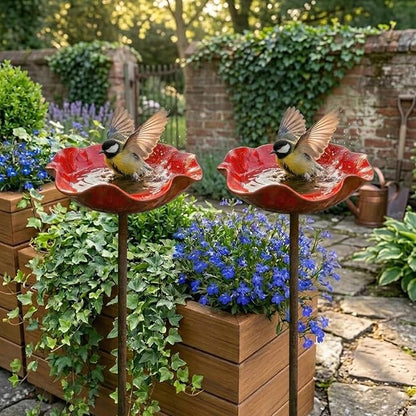 IBHOO Metal Flower Garden Stakes Bird Bath, Handmade Metal Flower Garden Stake, Outdoor Flower Shaped Bee Bath Water Bowl, for Garden Lawn Yard Decor