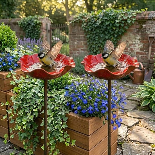 IBHOO Metal Flower Garden Stakes Bird Bath, Handmade Metal Flower Garden Stake, Outdoor Flower Shaped Bee Bath Water Bowl, for Garden Lawn Yard Decor