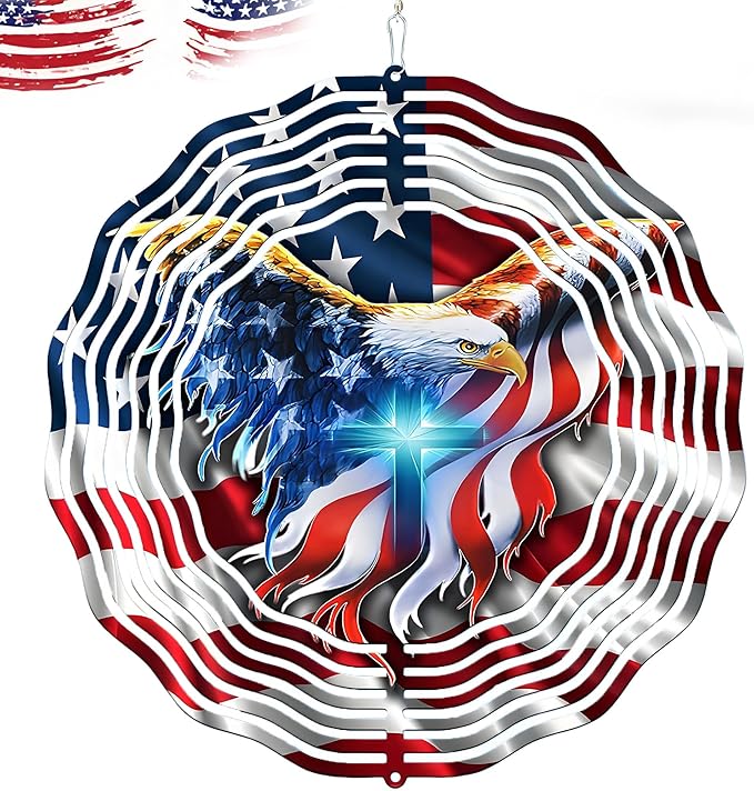American Flag Wind Spinner 12 Inch - 3D Patriotic Eagle & Christian Cross Outdoor Decor, Stainless Steel Hanging Yard Spinner, Gift for 4th of July, Veterans, Mom, Dad, Home & Garden