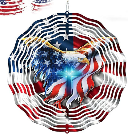 American Flag Wind Spinner 12 Inch - 3D Patriotic Eagle & Christian Cross Outdoor Decor, Stainless Steel Hanging Yard Spinner, Gift for 4th of July, Veterans, Mom, Dad, Home & Garden