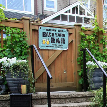 Welcome to Our Backyard Bar Sign 12 x 8 Inch Metal Sign Vintage Metal Banner Funny Welcome Hanging Bar Terrace Wall Decoration for Outdoor Patio Porch Pool Outdoor Wall Decor (Blue)