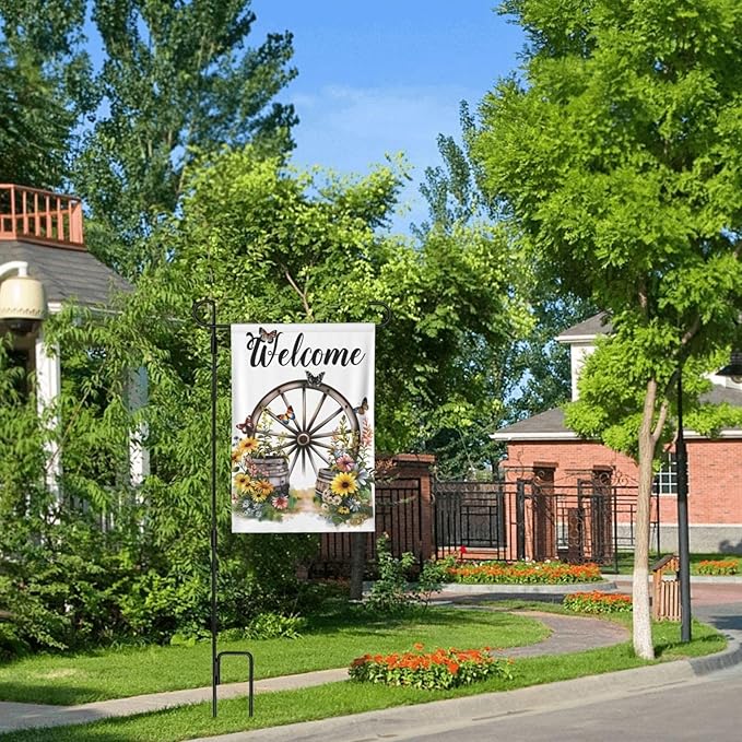 Wagon Wheel With Flowers Butterflies Garden Flags 12×18 Inch Double Sided Decorative Yard Banner Seasonal Flag for Outdoor Outside Decor