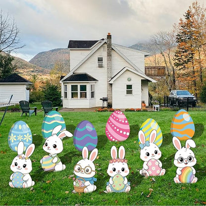 12-Piece Easter Bunny Yard Signs with Stakes Decorations – 6 Cute Rabbits & 6 Colorful Eggs 30 cm Large Outdoor Easter Lawn Signs for Garden, Driveway, Yard, and Spring Party Décor