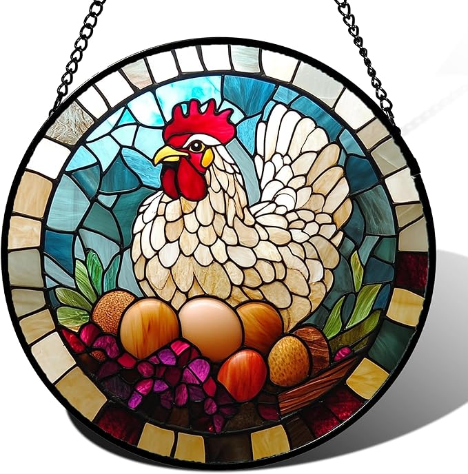 DASTOLL Stained Glass Window Hanging White Chicken Hatching Eggs 6.3" - Suncatcher Door Garden Sunroom Sun Catcher Home Decor Birthday Christmas for Mom Men Woman Nana