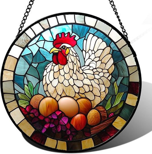DASTOLL Stained Glass Window Hanging White Chicken Hatching Eggs Large 11.8" - Suncatcher Door Garden Sunroom Sun Catcher Home Decor Birthday Christmas for Mom Men Woman Nana