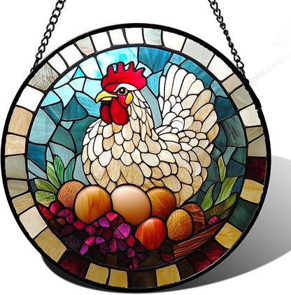 DASTOLL Stained Glass Window Hanging White Chicken Hatching Eggs 7.8" - Suncatcher Door Garden Sunroom Sun Catcher Home Decor Birthday Christmas for Mom Men Woman Nana