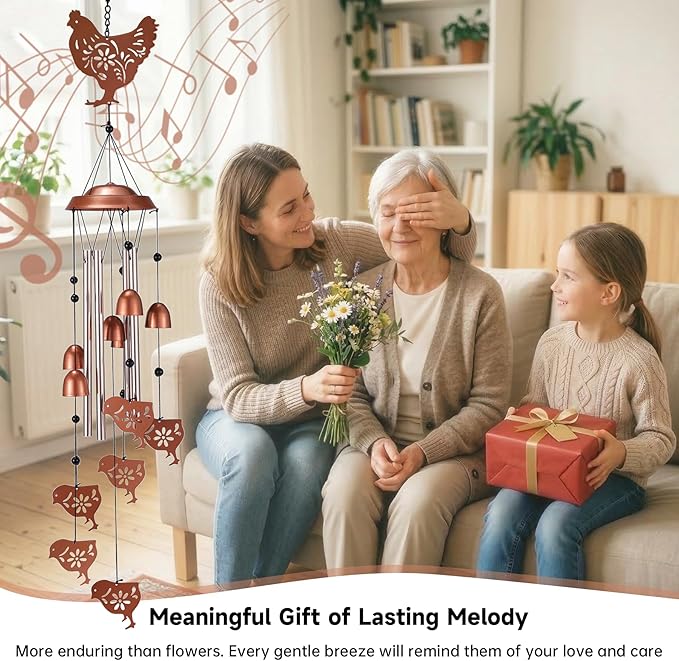 Chicken Wind Chimes Outdoor, Metal Hen and Chicks Gifts for Women Mom Grandma, Unique Garden Patio Yard Decor Windchime