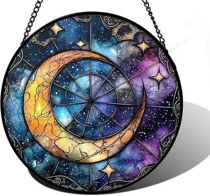 DASTOLL Stained Glass Window Hanging, Blue Starry Sky Moon Astrolabe Suncatcher for Doors Home Sun Catchers Decoration and Christmas, Mother's Day Birthday Gifts for Women, Men, and Mom 6.3 in