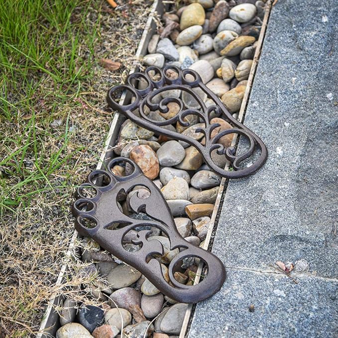 Sungmor Heavy Duty Cast Iron Stepping Mats for Front Door, 2PC 11.8 Inch Long Sturdy Metal Left & Right Footprint Stepping Stone, Retro Elegant Decorative Mat for Garden Lawn Panel Walkway Landscaping