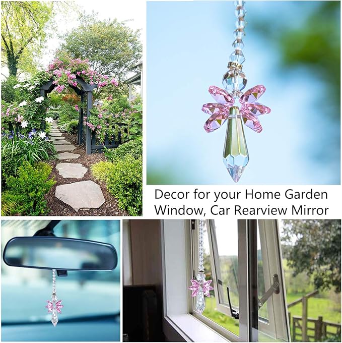 Rainbow Guardian Angel Crystal Suncatcher for Home/Car Decoration & Porch Decor & Hangings Crystal Glass Ornament for Mom Women (Pink)