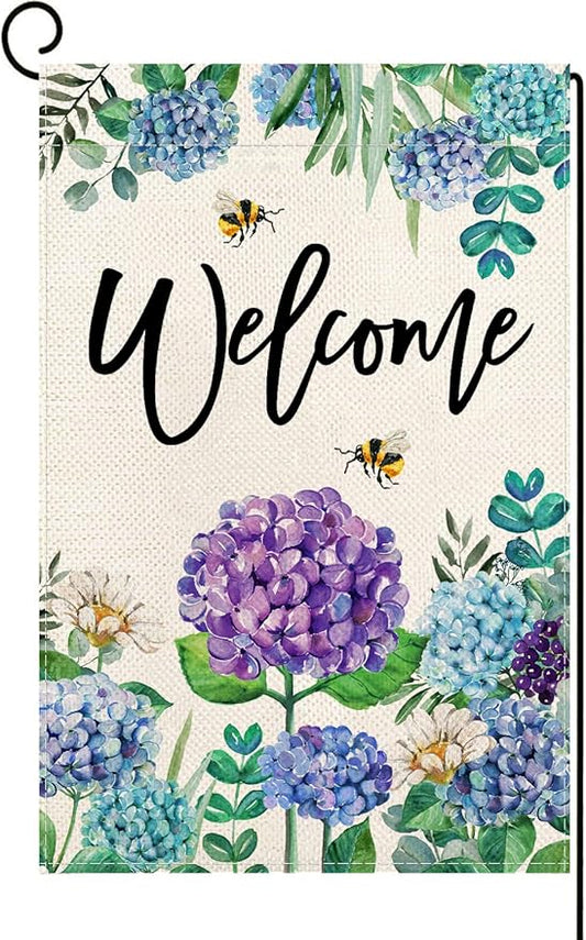 Baccessor Spring Hydrangea Garden Flag Double Sided 12x18 Inch, Summer Purple Blue Flower Floral Welcome Small Yard Flag Burlap Vertical Seasonal Farmhouse Yard Outdoor Decoration