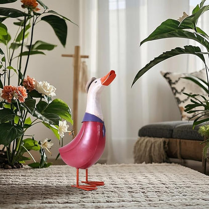 14" Retro Metal Porch Goose Statue for Yard and Garden,Heavy Duty Iron Pink Garden Statues for Outside Duck Decor,Cartoon Yard Statues Outdoor Goose Decor as Duck Gifts Easy to Assemble