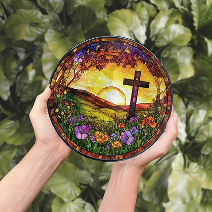 Cross Stained Glass Window Hanging, Christian Cross Wildflower Sunshine Landscape Suncatcher, Easter Sun Catchers Indoor Window Round Glass Wall Art Hanging Decorations, 7.9x7.9in