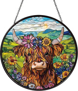Flowers Highland Stained Glass Window Hanging Cow Sun Catcher Cowgirl Decor Highland Cow Gifts for Women Christmas Suncatchers for Home Windows Hanging Decoration, 7.87inch