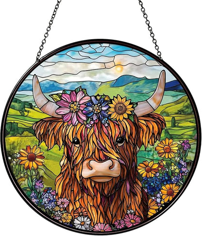 Flowers Highland Stained Glass Window Hanging Cow Sun Catcher Cowgirl Decor Highland Cow Gifts for Women Christmas Suncatchers for Home Windows Hanging Decoration, 7.87inch