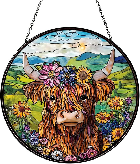Flowers Highland Stained Glass Window Hanging Cow Sun Catcher Cowgirl Decor Highland Cow Gifts for Women Christmas Suncatchers for Home Windows Hanging Decoration, 7.87inch