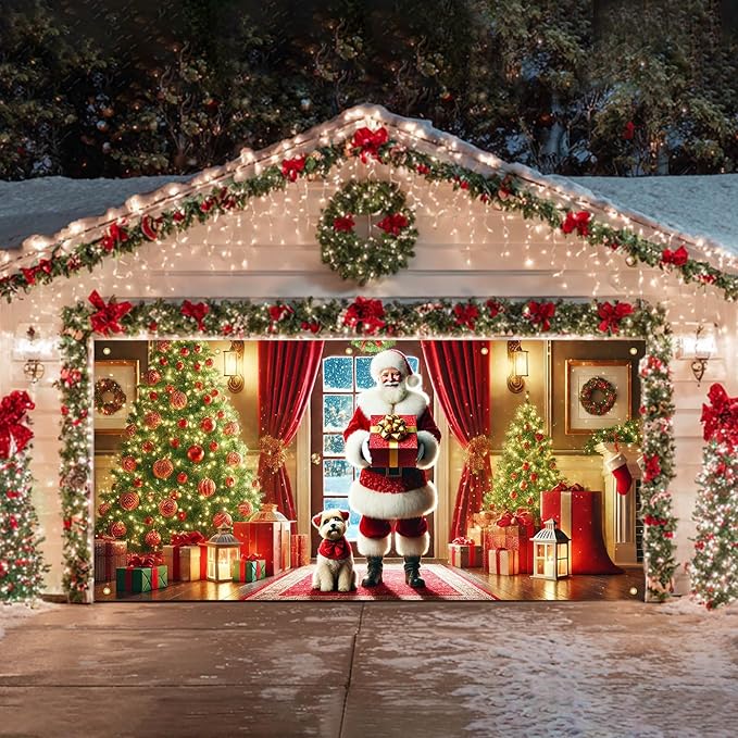 HOMETITUTE Christmas Garage Door Banner 13x6ft Santa Claus with Gift Box and Puppy Holiday Backdrop Winter Indoor Outdoor Scene Red Gold Green Tree Decor Wall Hanging Seasonal Party Porch