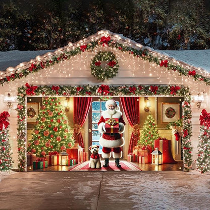 HOMETITUTE Christmas Garage Door Banner 13x6ft Santa Claus with Gift Box and Puppy Holiday Backdrop Winter Indoor Outdoor Scene Red Gold Green Tree Decor Wall Hanging Seasonal Party Porch