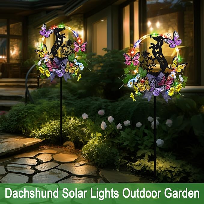 Solar Powered Garden Decor Outdoor,Colorful LED Lights Dachshund Decorations Yard Stakes for Garden,Pathway,Lawn,Patio,Dog Lover Gifts for Women