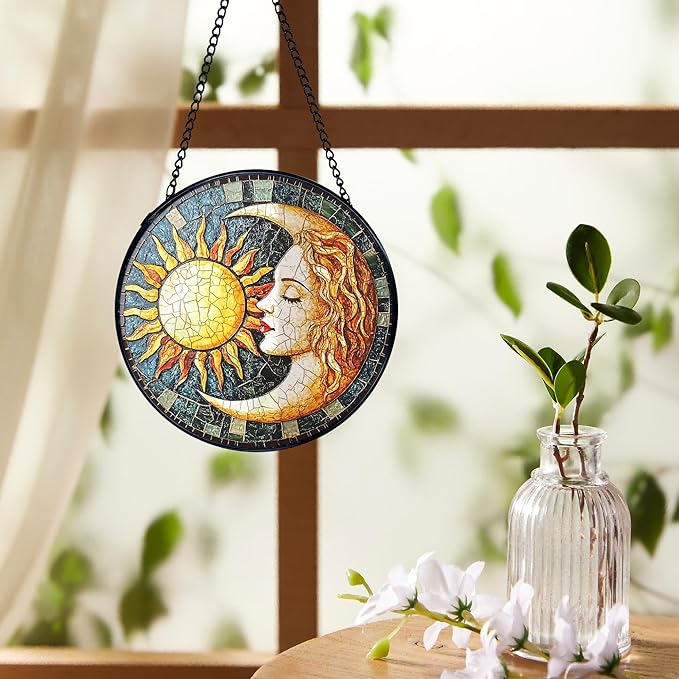 Sun and Moon Suncatchers Stained Glass Window Hanging, Celestial Suncatchers Indoor Window Glass Round Wall Decor, Sun Moon Decor Wall Hanging Decorations, 7.9x7.9in