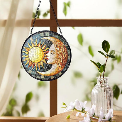 Sun and Moon Suncatchers Stained Glass Window Hanging, Celestial Suncatchers Indoor Window Glass Round Wall Decor, Sun Moon Decor Wall Hanging Decorations, 7.9x7.9in