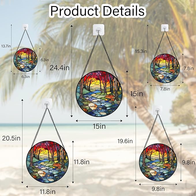 Stained Glass Window Hanging, Red Tree Abstract Sunset Lake Sun Catcher for Window Home Decor Landscape Suncatcher Mother's Day Birthday Gifts for Women Men Mom and Nana 11.8 in