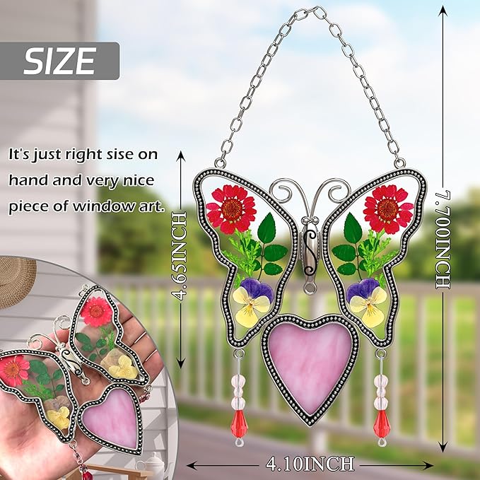 Love Heart-Shaped Glass Suncatcher with Pressed er Ornament, Wind Chimes with Real Flowers, Pendant Mom Grandma Lover Birthday Gift for Indoor or Outdoor Décor-Mom