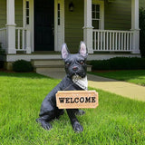 Frenchie Chic Entry Accent with Solar Lantern & Double-Sided Sign, Sitting Black French Bulldog Statue for Porch Seating, Hallway & Patio