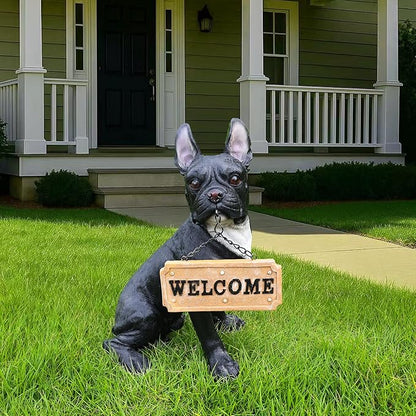 Frenchie Chic Entry Accent with Solar Lantern & Double-Sided Sign, Sitting Black French Bulldog Statue for Porch Seating, Hallway & Patio