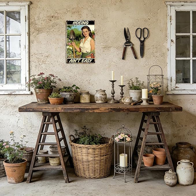Garden Signs for Outside - Hoeing Ain't Easy, Funny Metal Signs for Home Garden Patio Yard, Vintage Gardening Gifts for Women, Wall Decor 12" x 8"