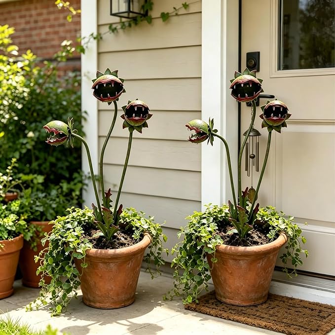 Metal Carnivorous Plant Garden Stake Whimsical, Handmade 25-Inch Large Venus Flytrap Monster Plant Sculpture Stake Outdoor, Yard Art for Garden, Patio, Lawn, Seasonal Yard Decor, Garden Gift (2pcs)