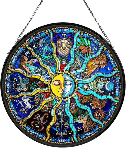 Sun and Moon Stained Glass Window Hanging, Suncatcher for Window Hanging, Sun Catchers Indoor Windows Wall Art for Mom Grandma, Gothic Moon Witchy Suncatcher for Home Garden Office 7.87 inches