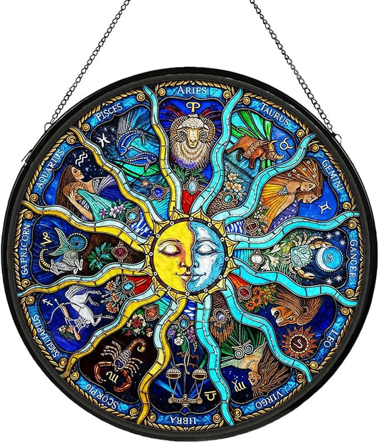 Sun and Moon Stained Glass Window Hanging, Suncatcher for Window Hanging, Sun Catchers Indoor Windows Wall Art for Mom Grandma, Gothic Moon Witchy Suncatcher for Home Garden Office 7.87 inches