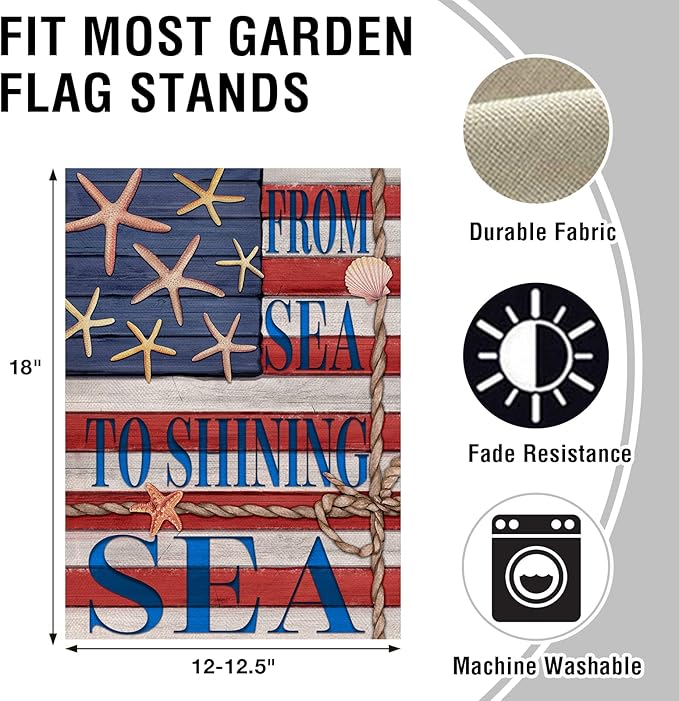 Artofy From Sea to Shining Sea American 4th of July Home Decorative Garden Flag, Yard Coastal Beach America Outside Decor, USA Memorial Day Nautical Ocean Outdoor Small Decoration Double Sided 12 x 18