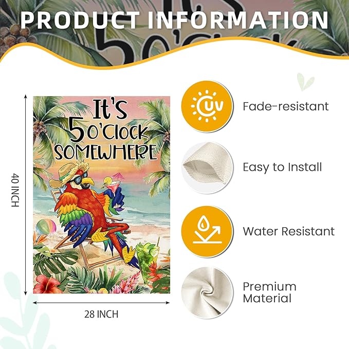 Summer House Flags for Outdoor Decoration, It's 5 O'clock Somewhere Beach Parrot Large Yard Flag, Seasonal Decorative Celebration Decor for Spring Farmhouse Holiday Outside 28x40 Inch Vertical Double Sided
