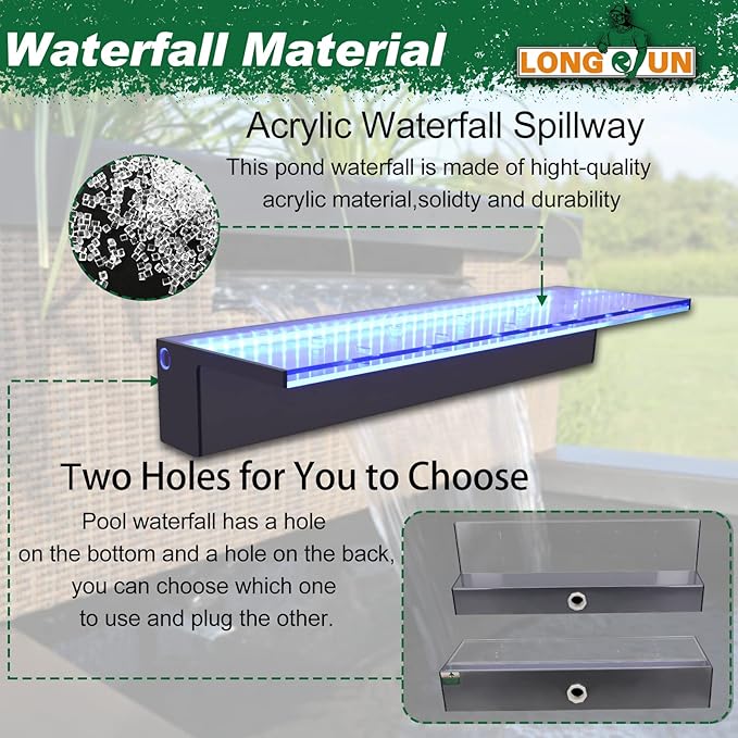LONGRUN Waterfall Spillway, APP Control Multi-Color LED Light Outdoor Pool Fountain, Acrylic Water Spillway Koi Pond Waterfalls Fountains Kit for Garden Patio Swimming Pool Decoration-23.6"