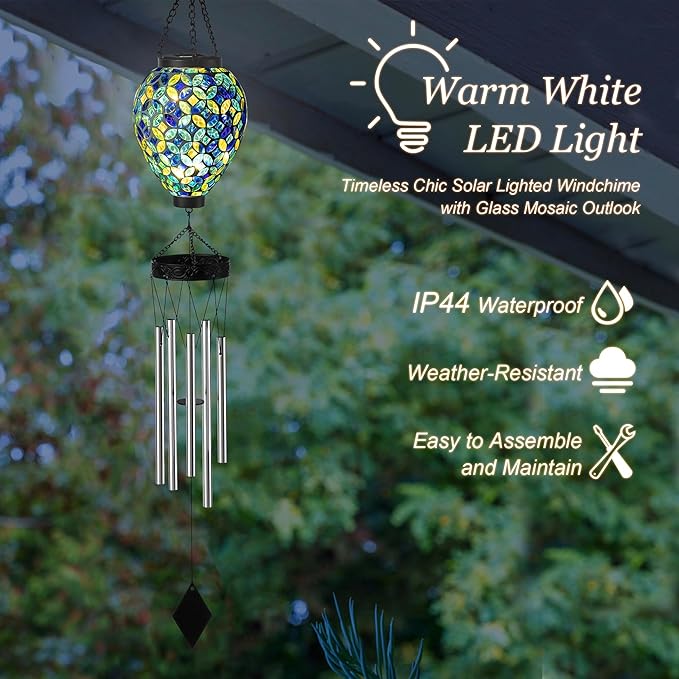 Glitzhome 2 Pcs 26" H Garden Wind Chimes Outdoor, Solar LED Outdoor Garden Lighting with Unique Memorial Sympathy, Solar Hanging Glass Ball Wind Chimes for Patio, Garden, Outdoor Home Decor