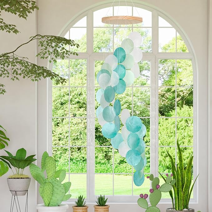 Seashell Wind Chimes for Outside - Handcrafted Spiral Shape Capiz Shells Windchime Coastal Style Decor for Indoor/Outdoors, Garden & Beach Hanging Decor for Wind Chimes Lovers and More