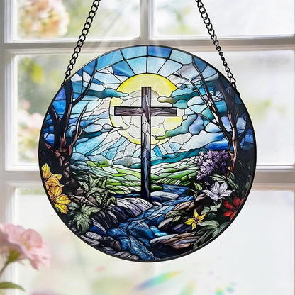Stained Glass Cross Suncatcher, 8 Inch Christian Stained Glass Window Hanging, Religious Sun Catchers Indoor Window, Nature Landscape Flower Home Garden Decor Easter Faith Christian Gifts Ornaments