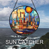 CHATYOUNG Stained Glass Window Hanging Abstract City Large 11.8" - Colorful Suncatcher Door Garden Home Decor and Christmas Mother's Day Birthday House Warming Gift for Grandma Mom Women Wife Friend
