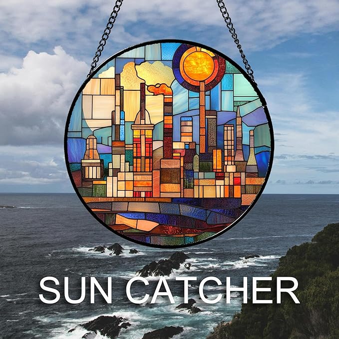 CHATYOUNG Stained Glass Window Hanging Abstract City Sun 6.3" - Colorful Suncatcher Door Garden Home Decor and Christmas Mother's Day Birthday House Warming Gift for Grandma Mom Women Friend