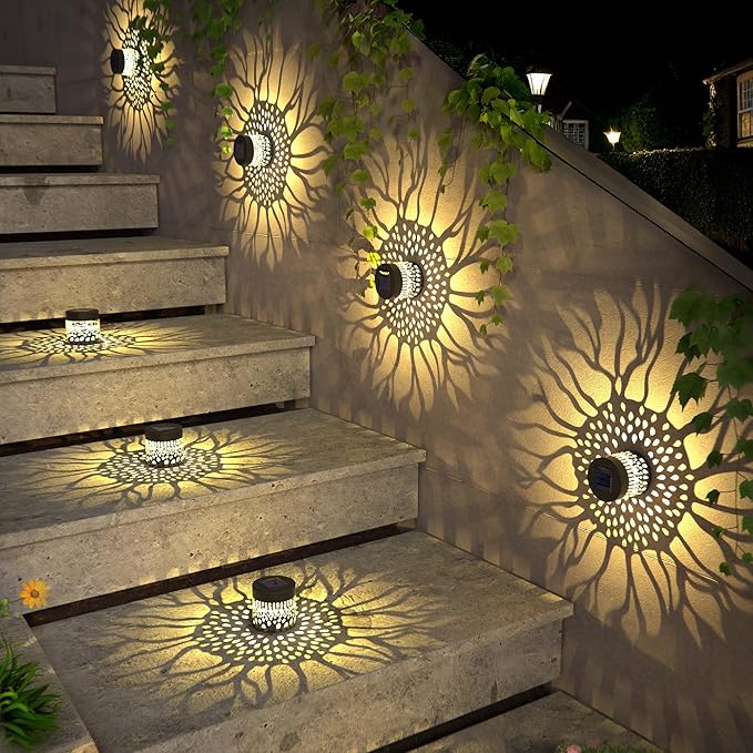 Hapjoy Solar Fence Lights 2 Pack Outdoor Deck Step Wall Lights Metal Waterproof LED Warm Yellow Light for Garden Post Patio Backyard Yard Decor (Sunflower, 2)