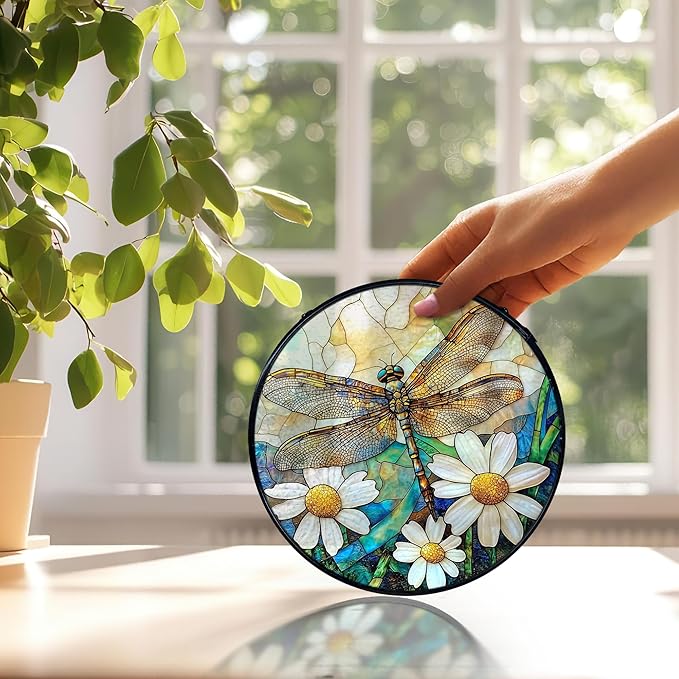 Dragonfly Suncatchers Stained Glass Window Hanging, Dragonfly Flower Sun Catchers Indoor Window Glass Round Wall Decor, Nature Insect Floral Wall Hanging Decorations, 7.9x7.9in