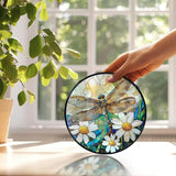 Dragonfly Suncatchers Stained Glass Window Hanging, Dragonfly Flower Sun Catchers Indoor Window Glass Round Wall Decor, Nature Insect Floral Wall Hanging Decorations, 7.9x7.9in