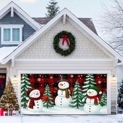 HOMETITUTE Christmas Garage Door Banner 13x6ft Winter Snowmen Buffalo Plaid Theme Backdrop Banners for Outside Indoor Winter Door Cover Garage Wall Covering for Party Garage Decorations