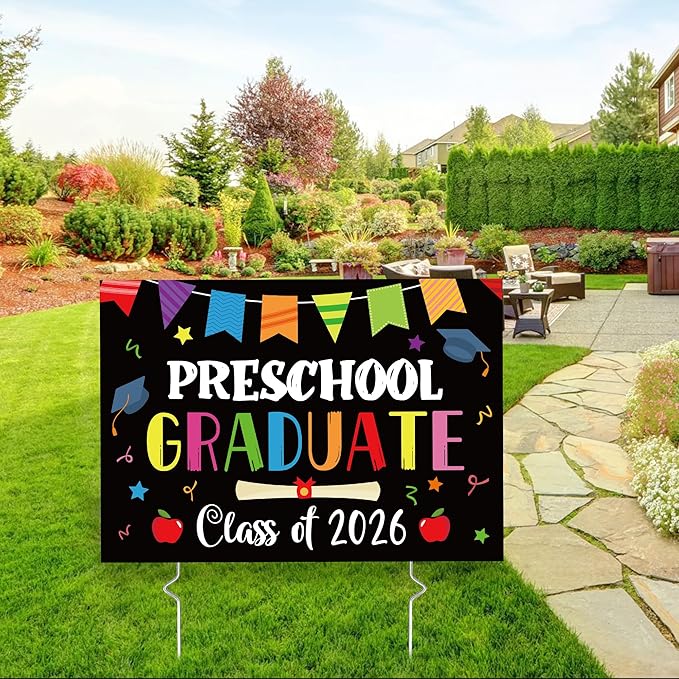 Preschool Grad Yard Sign Class of 2026 Kindergarten Graduate Lawn Sign with Stake School Congrats Graduation Decorations Colorful Graduation Party Favors Supplies Outdoor Photo Booth Props for Kids