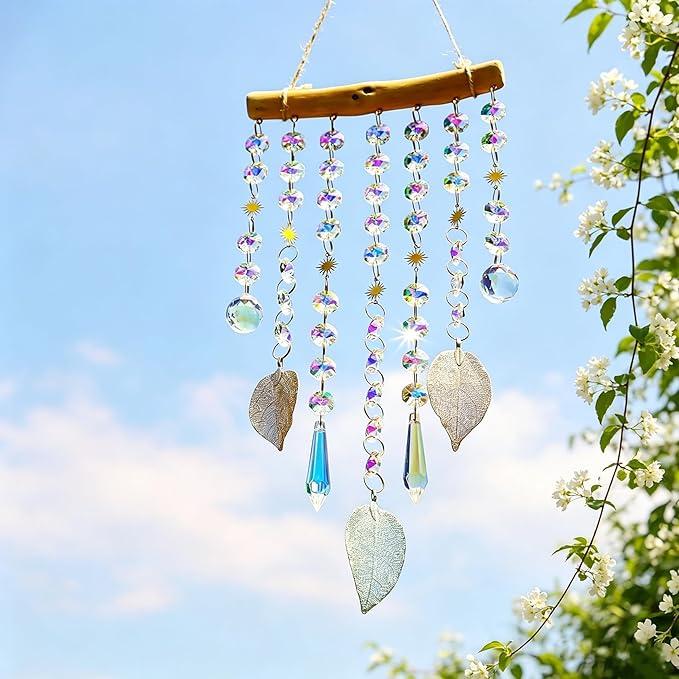 13.1 Inch Crystal Suncatcher with Natural Wood & Leaf Charms - Colorful Hanging Window Ornament for Christmas Tree