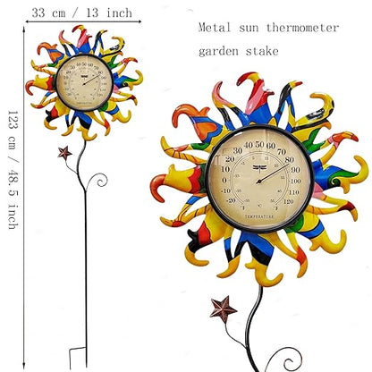 Metal Sun Thermometer Indoor Outdoor Ornament Wall Art Decor, Sun Plaque Sculpture Hanging Mounted for Living Room Bedroom Kitchen Patio for Home or Garden, No Battery Required (YELLOW SUN STAKE)