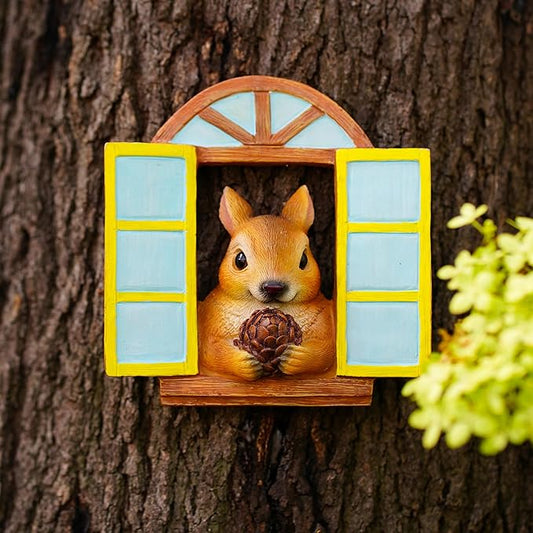 Garden Squirrel Sculpture, Decorative Squirrel Tree Log Statue with Pinecone, Indoor Outdoor Resin Art Decor for Yard, Patio, Lawn, Tree Ornament, Cute Animal Garden Decor