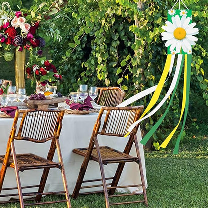40 Inches 3D Daisy Windsock Decoration, Dimensional Hanging Outdoor Wind Sock with Green, White, and Yellow Streamers for Garden, Yard, Porch, Spring and Floral-Themed Party Decor